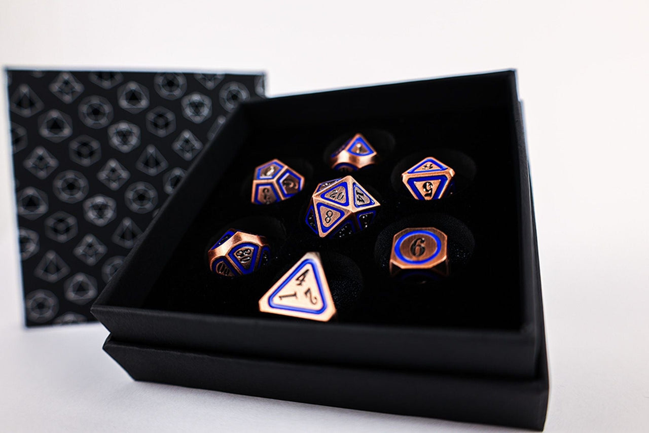 lets play games dice LPG Dice Set - Metal RPG Concentric Blue/Black/Brass